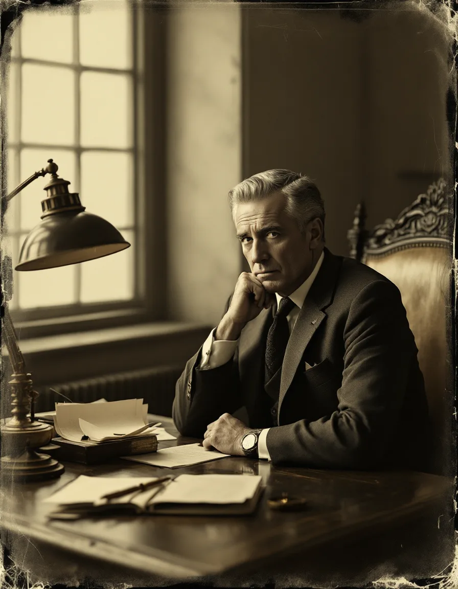 Tintype portrait of a seated executive at a desk